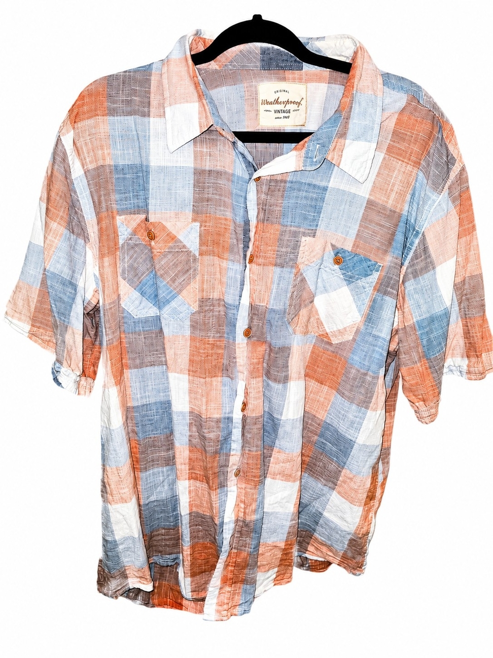 Weatherproof Vintage Plaid Short Sleeve Button Up Shirt 100% Cotton